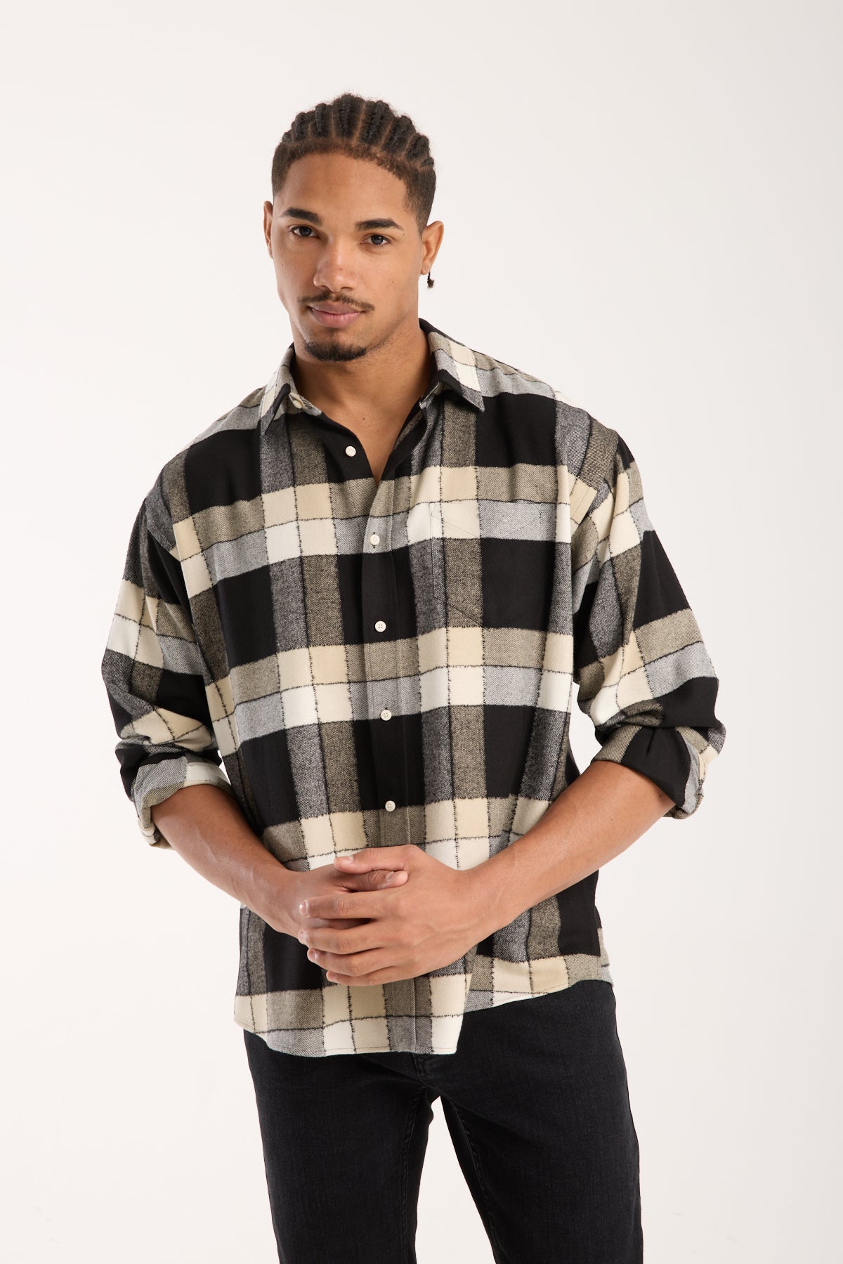 BB Club Rio Twill Viskon Karışımlı Oversize Fit Siyah Klasik Yaka Erkek Ekoseli Gömlek