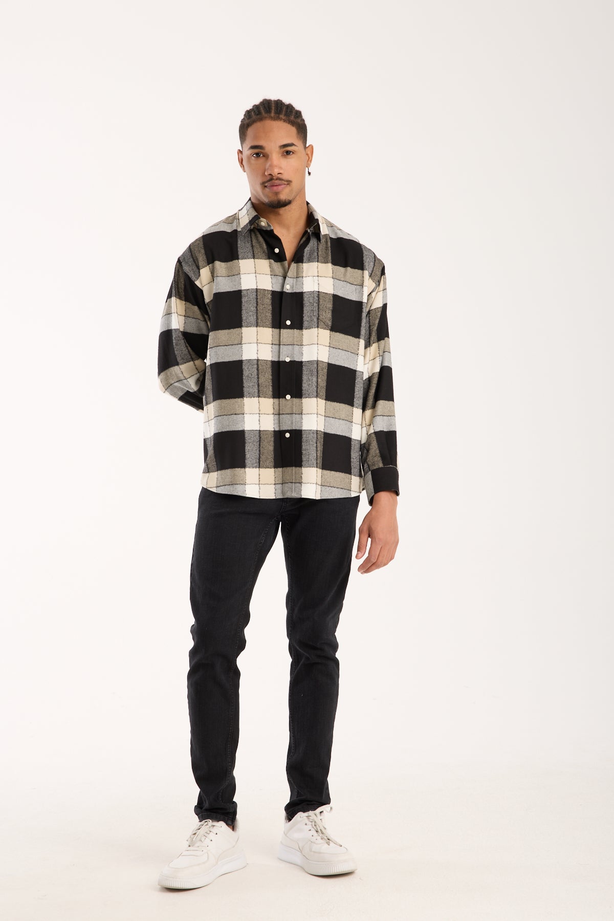 BB Club Rio Twill Viskon Karışımlı Oversize Fit Siyah Klasik Yaka Erkek Ekoseli Gömlek