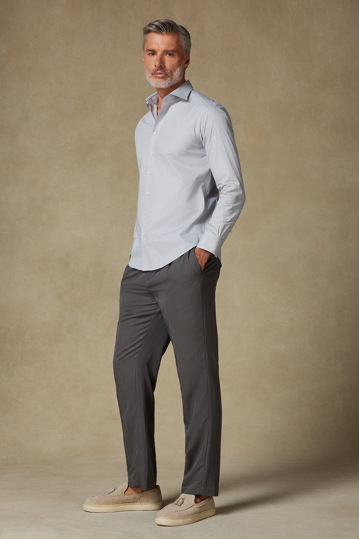 BB Club Oscar Poplin Pamuk Polyester Slim Fit Açık Gri Klasik Yaka Erkek Düz Gömlek