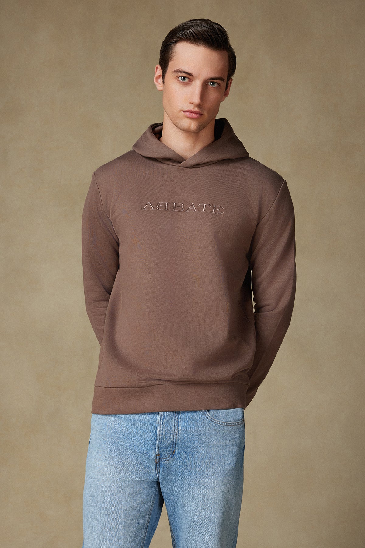 Abbate Hoodie Örme Kumaş Pamuklu Comfort Fit Kahverengi Bisiklet Yaka Erkek Nakışlı Hoodie