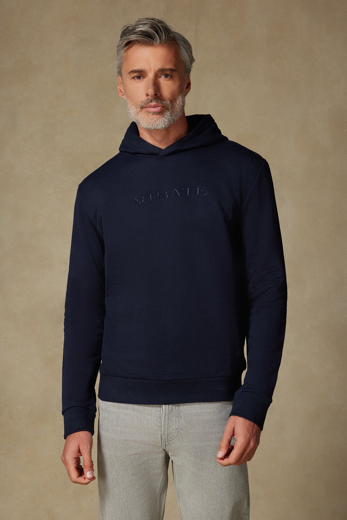 Abbate Hoodie Örme Kumaş Pamuklu Comfort Fit Lacivert Bisiklet Yaka Erkek Nakışlı Hoodie