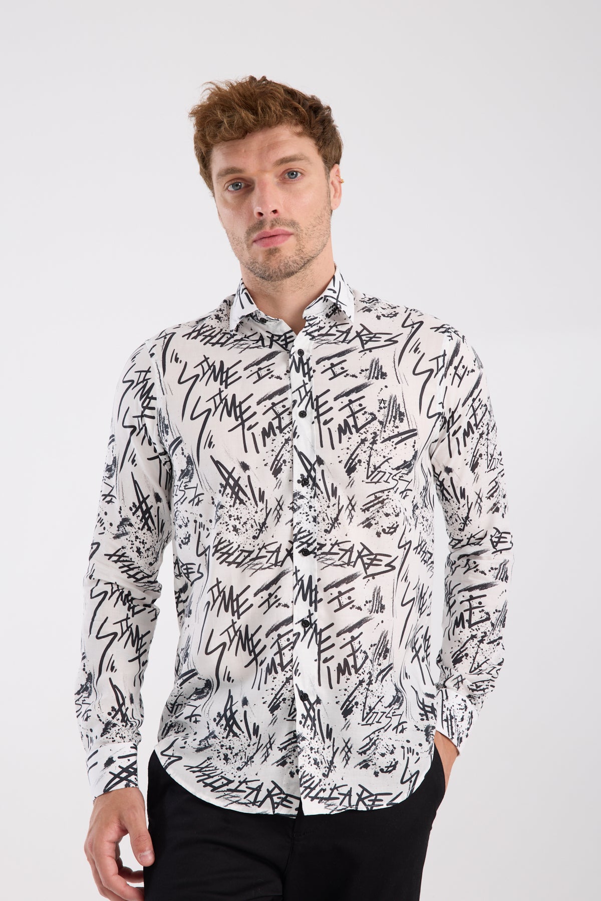 AClub AC10063 Twill Pamuklu Slim Fit Beyaz Klasik Yaka Erkek Baskılı Gömlek