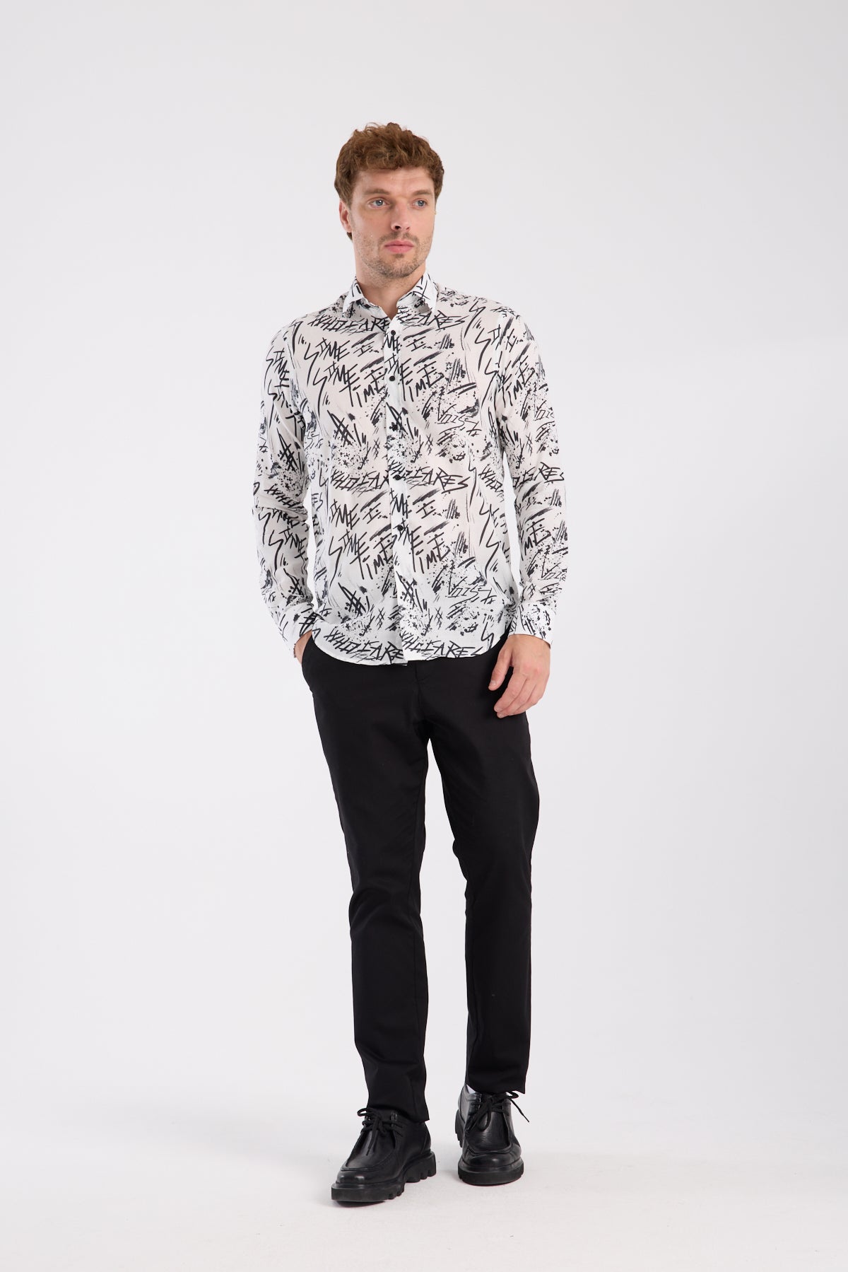 AClub AC10063 Twill Pamuklu Slim Fit Beyaz Klasik Yaka Erkek Baskılı Gömlek