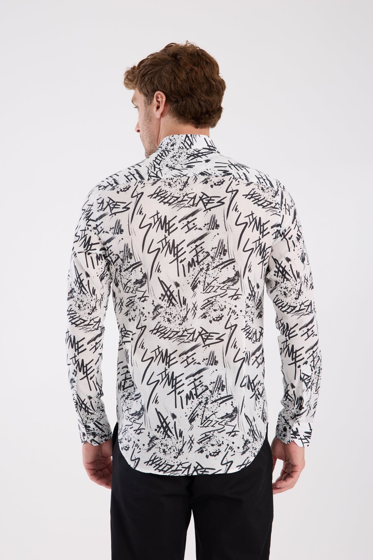 AClub AC10063 Twill Pamuklu Slim Fit Beyaz Klasik Yaka Erkek Baskılı Gömlek