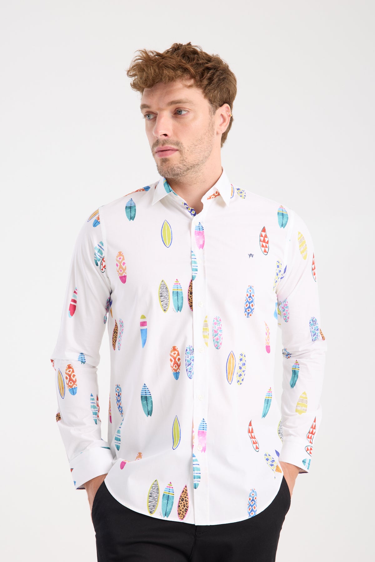 AClub AC10064 Poplin Pamuklu Slim Fit Beyaz Klasik Yaka Erkek Baskılı Gömlek