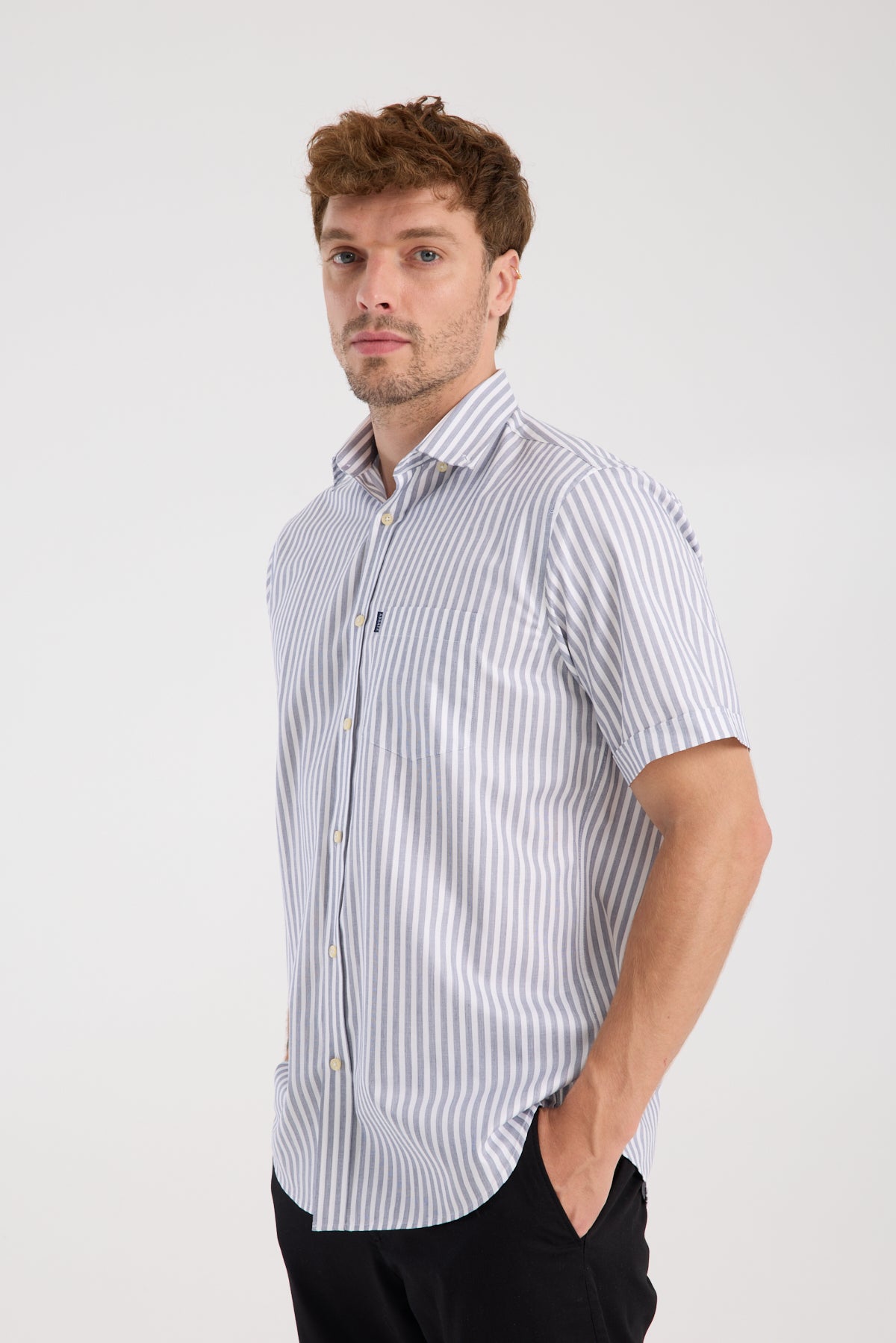 AClub AC10066 Oxford Pamuklu Regular Fit Lacivert Düğmeli Yaka Erkek Çizgili Gömlek