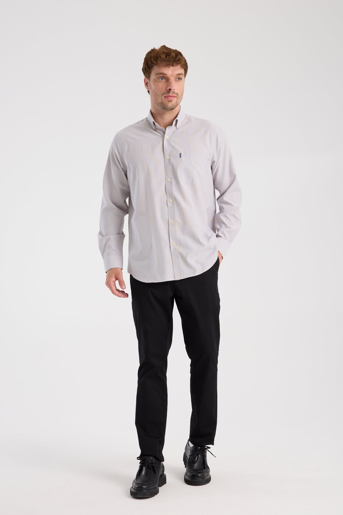 AClub AC10068 Oxford Pamuk Karışımlı Regular Fit Bej Düğmeli Yaka Erkek Çizgili Gömlek