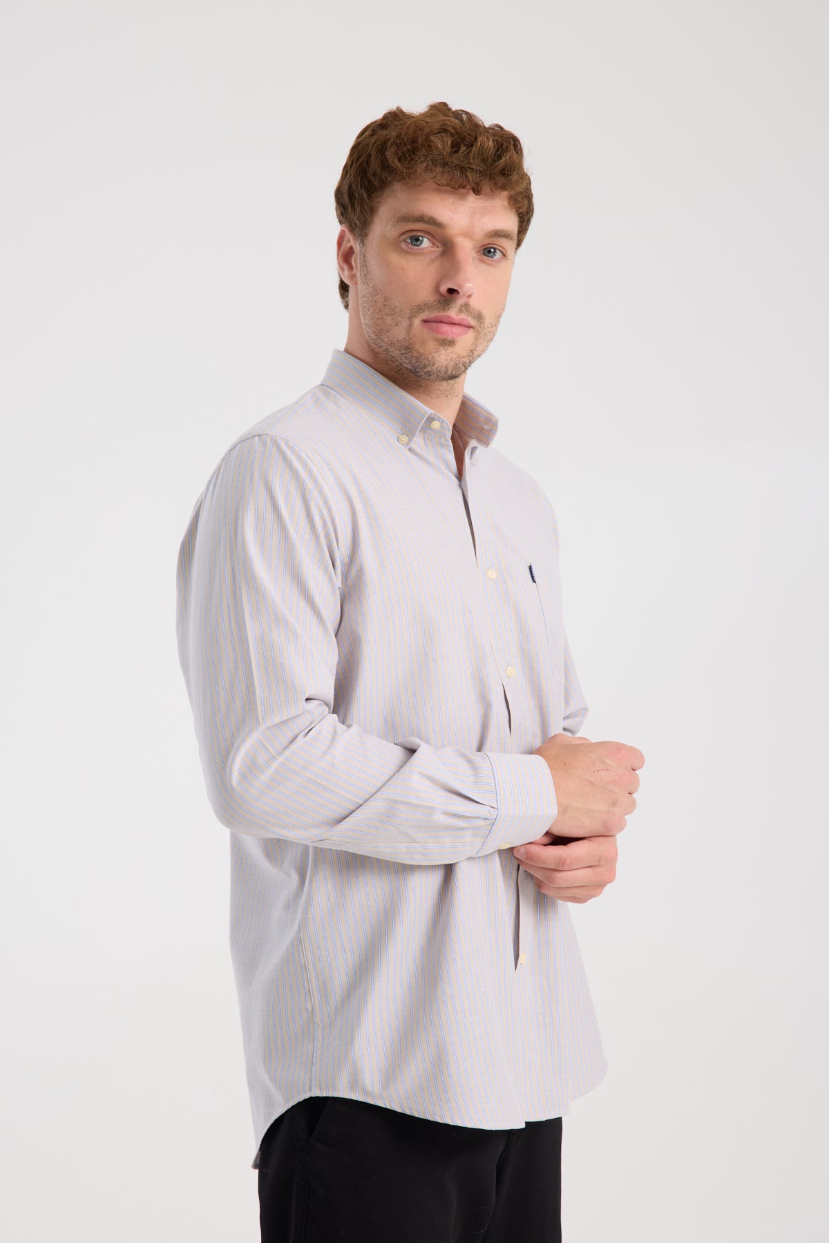 AClub AC10068 Oxford Pamuk Karışımlı Regular Fit Bej Düğmeli Yaka Erkek Çizgili Gömlek