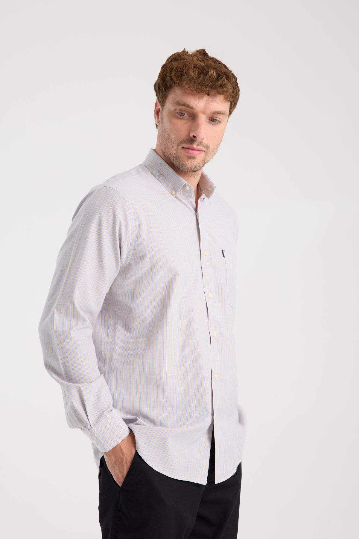 AClub AC10068 Oxford Pamuk Karışımlı Regular Fit Bej Düğmeli Yaka Erkek Çizgili Gömlek