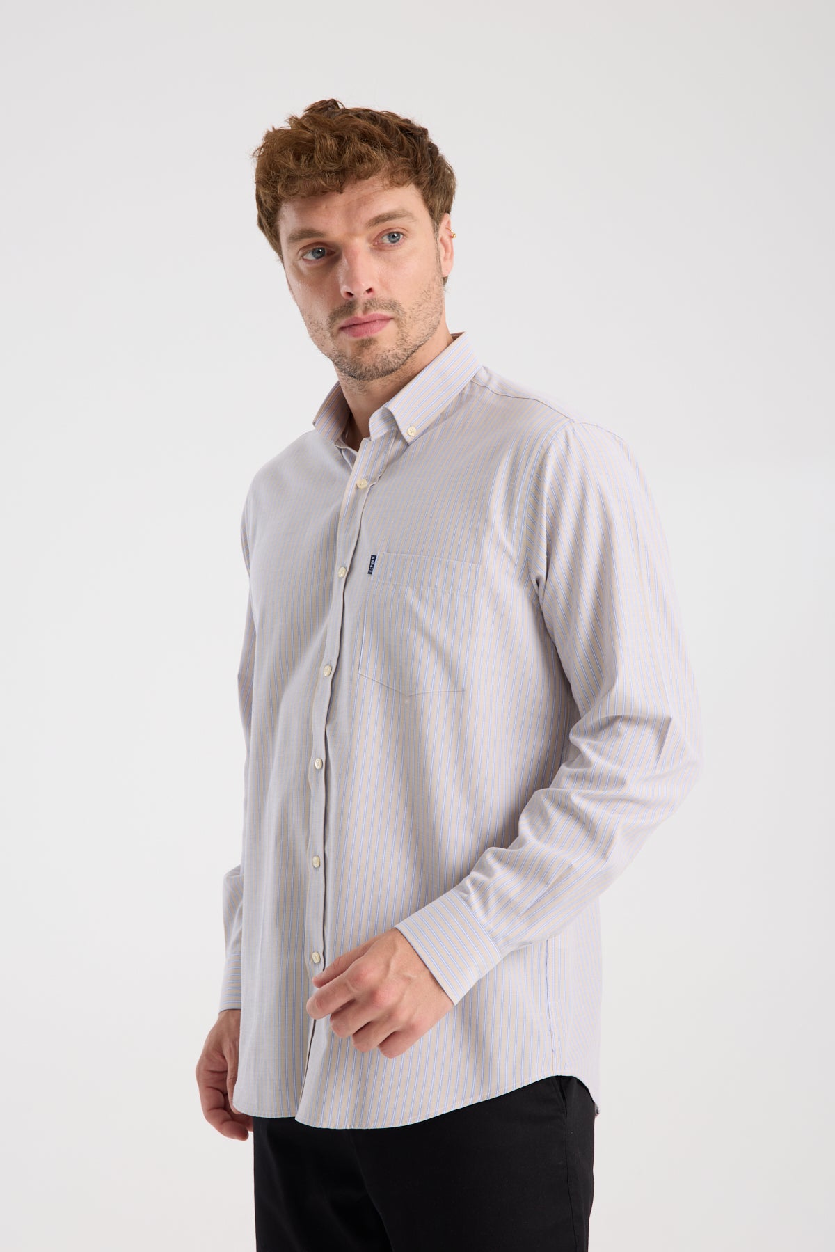 AClub AC10068 Oxford Pamuk Karışımlı Regular Fit Bej Düğmeli Yaka Erkek Çizgili Gömlek