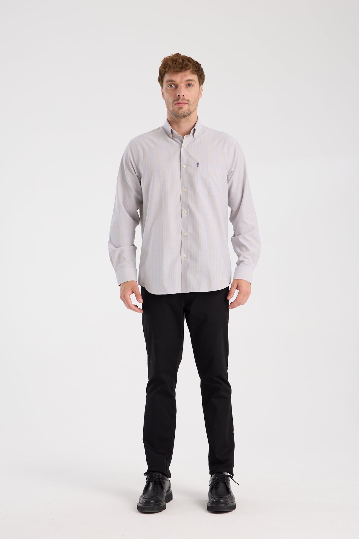 AClub AC10068 Oxford Pamuk Karışımlı Regular Fit Bej Düğmeli Yaka Erkek Çizgili Gömlek