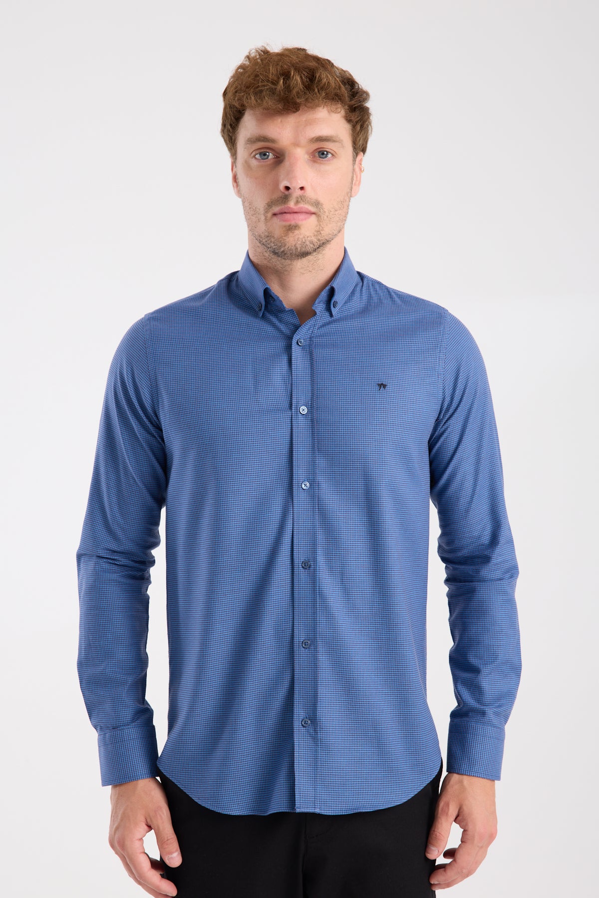 AClub AC10071 Armür Stretch Pamuk Karışımlı Slim Fit Koyu Mavi Düğmeli Yaka Erkek Desenli Gömlek