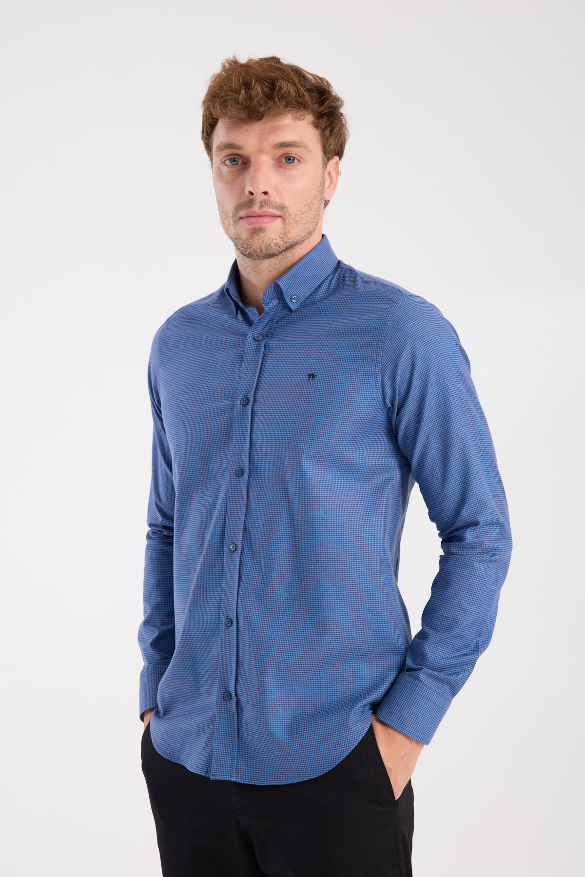 AClub AC10071 Armür Stretch Pamuk Karışımlı Slim Fit Koyu Mavi Düğmeli Yaka Erkek Desenli Gömlek