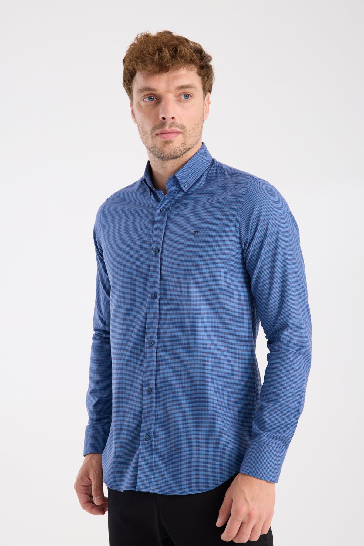 AClub AC10071 Armür Stretch Pamuk Karışımlı Slim Fit Koyu Mavi Düğmeli Yaka Erkek Desenli Gömlek