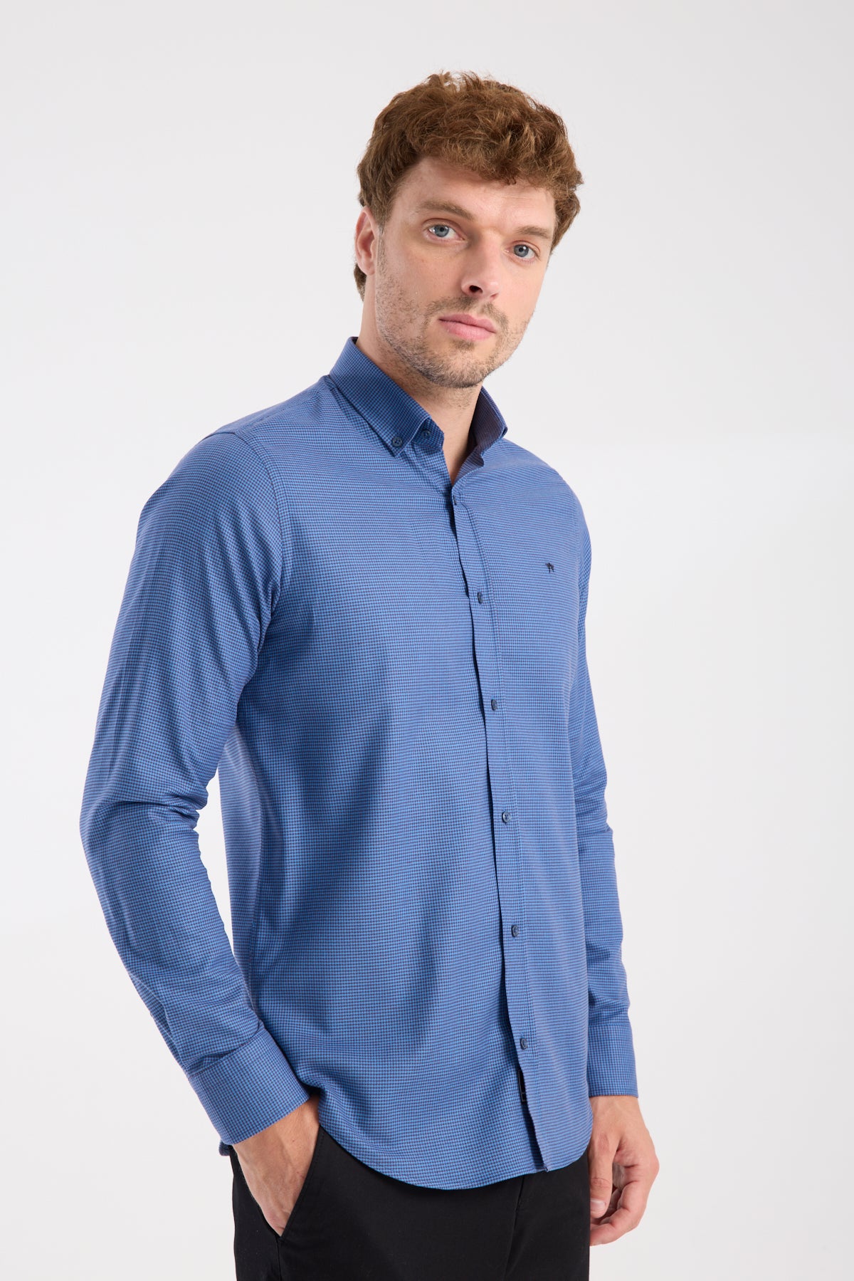 AClub AC10071 Armür Stretch Pamuk Karışımlı Slim Fit Koyu Mavi Düğmeli Yaka Erkek Desenli Gömlek