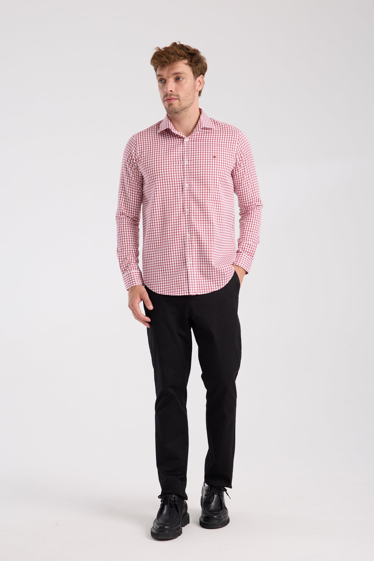 AClub AC10072 Twill Pamuklu Slim Fit Kırmızı Klasik Yaka Erkek Kareli Gömlek