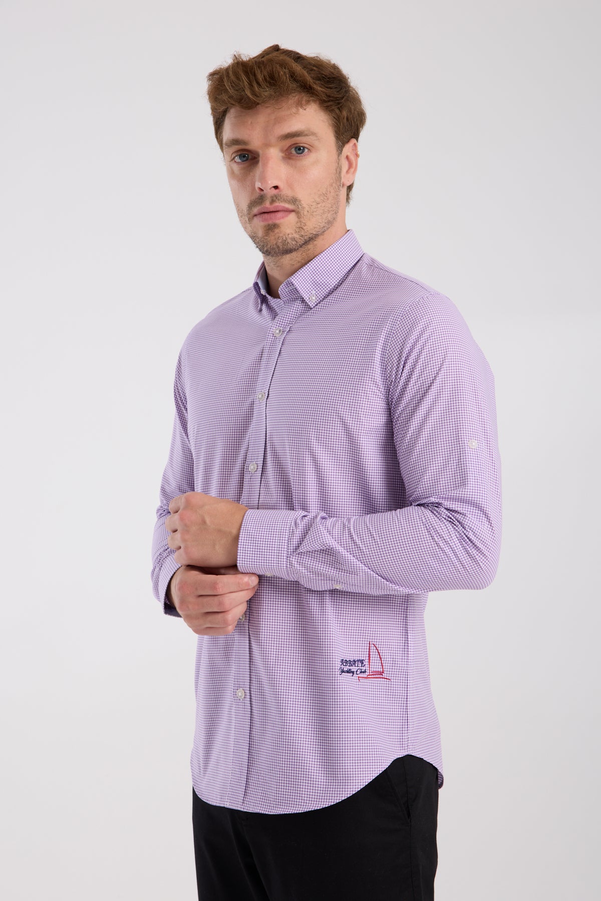 AClub AC10073 Poplin Pamuklu Slim Fit Mor Düğmeli Yaka Erkek Kareli Gömlek