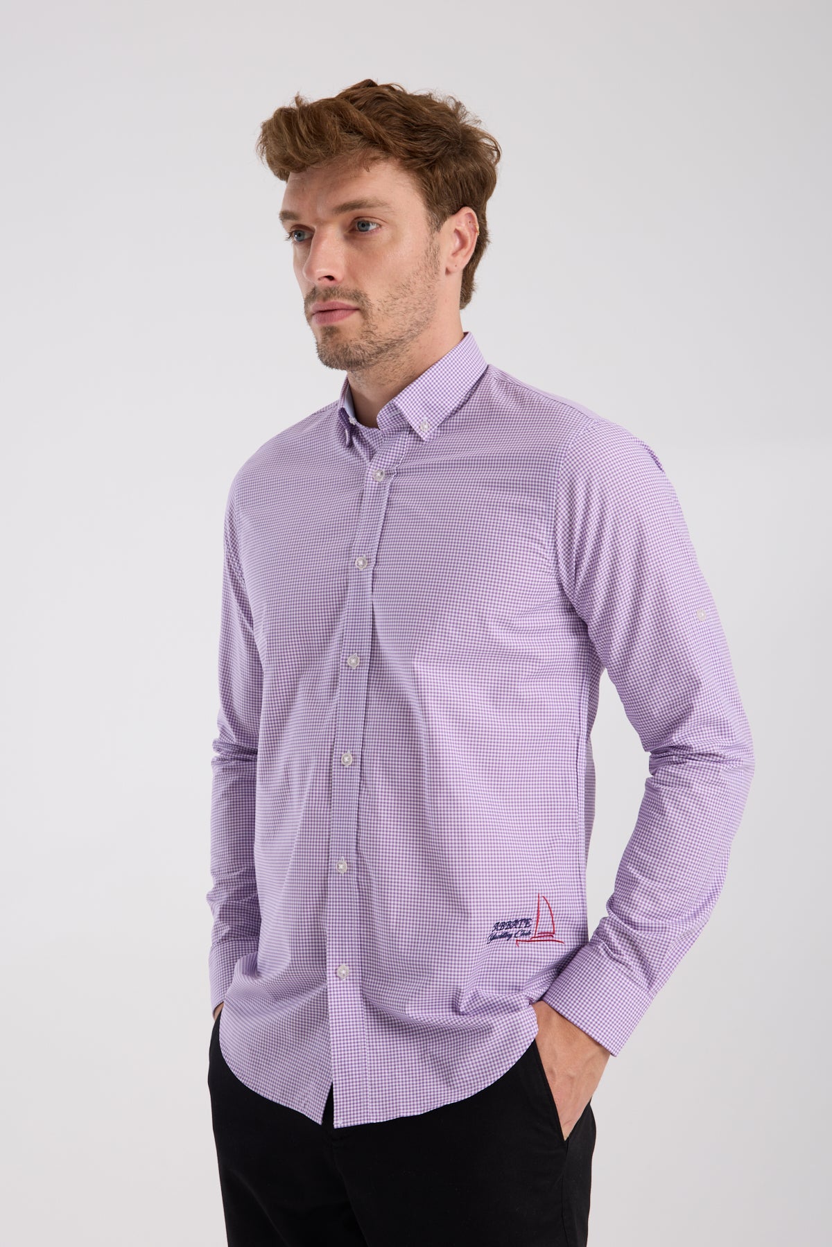 AClub AC10073 Poplin Pamuklu Slim Fit Mor Düğmeli Yaka Erkek Kareli Gömlek