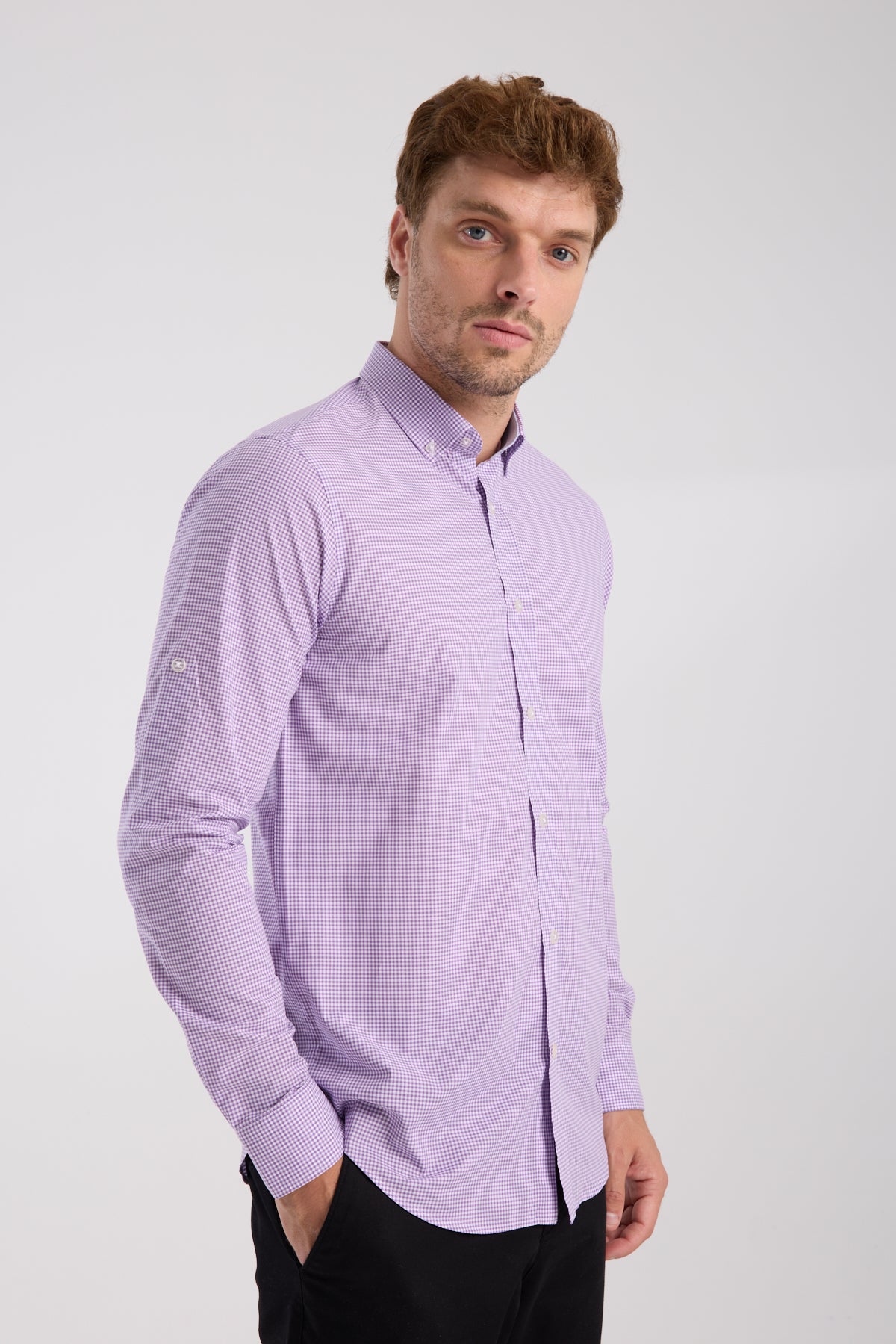 AClub AC10073 Poplin Pamuklu Slim Fit Mor Düğmeli Yaka Erkek Kareli Gömlek