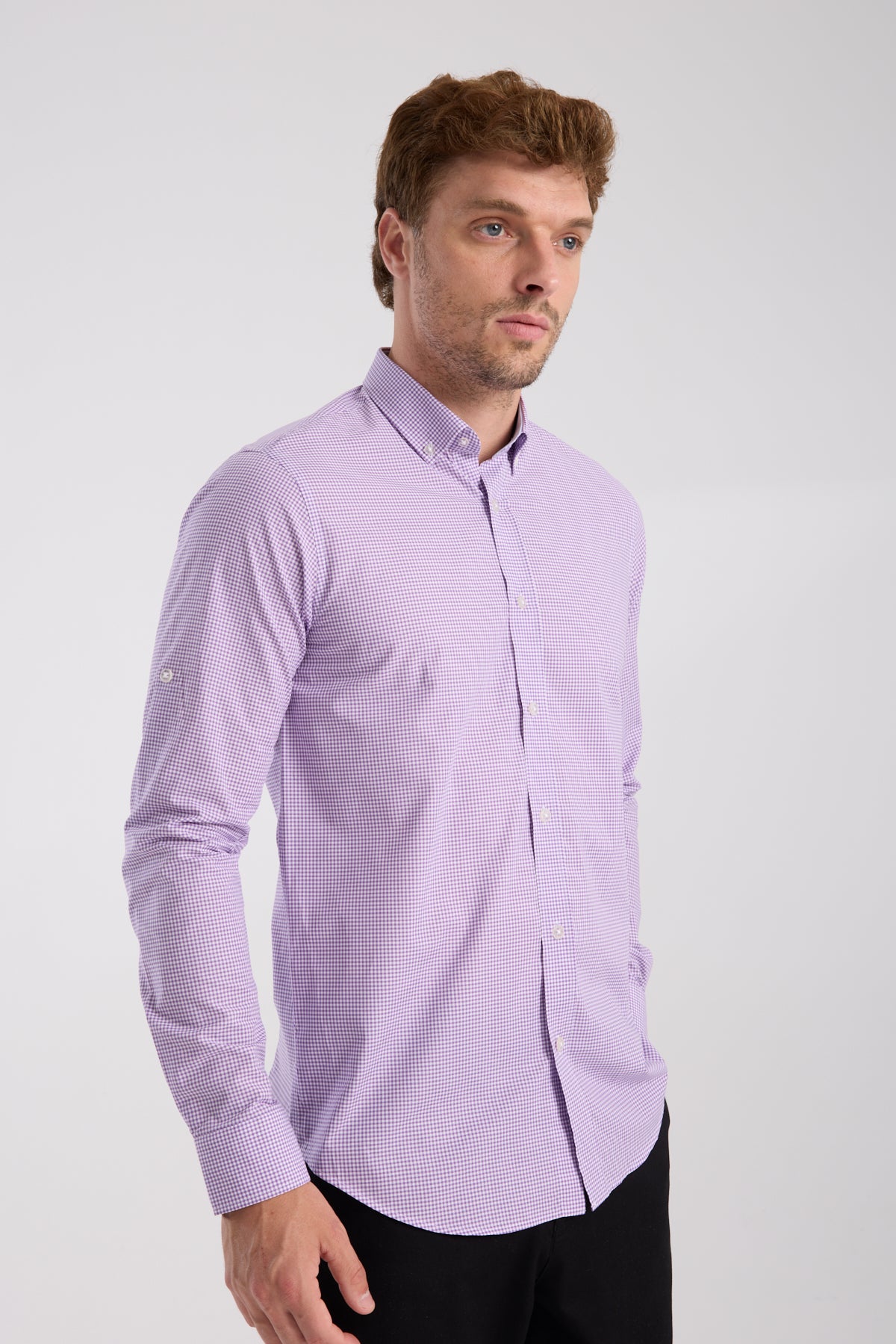 AClub AC10073 Poplin Pamuklu Slim Fit Mor Düğmeli Yaka Erkek Kareli Gömlek