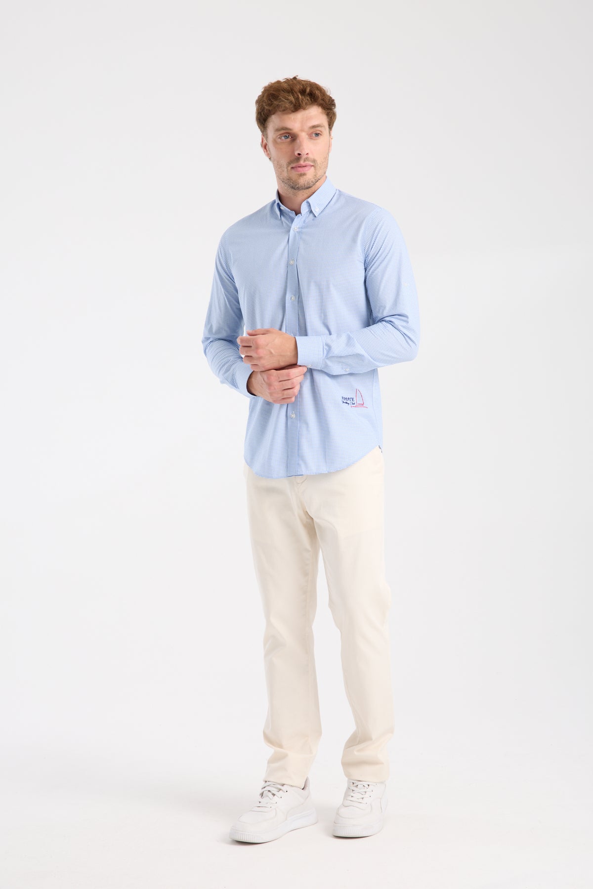 AClub AC10073 Poplin Pamuklu Slim Fit Açık Mavi Düğmeli Yaka Erkek Kareli Gömlek