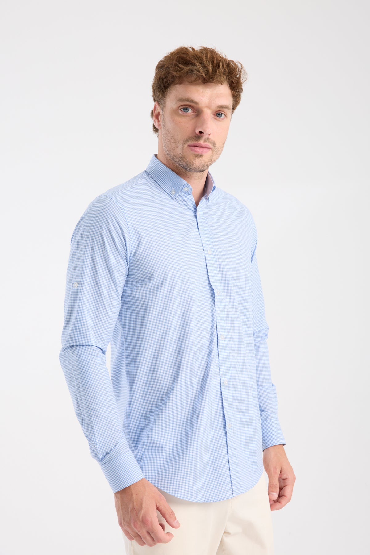 AClub AC10073 Poplin Pamuklu Slim Fit Açık Mavi Düğmeli Yaka Erkek Kareli Gömlek