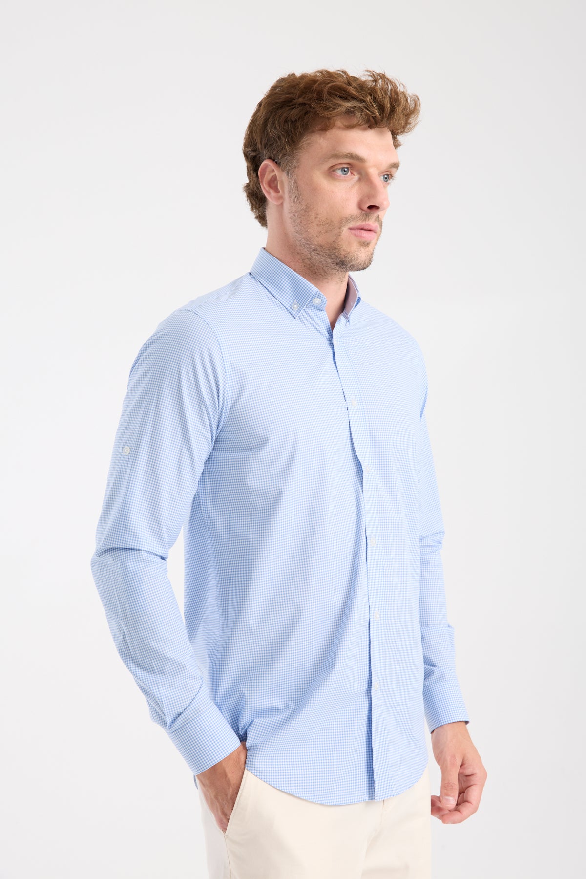 AClub AC10073 Poplin Pamuklu Slim Fit Açık Mavi Düğmeli Yaka Erkek Kareli Gömlek