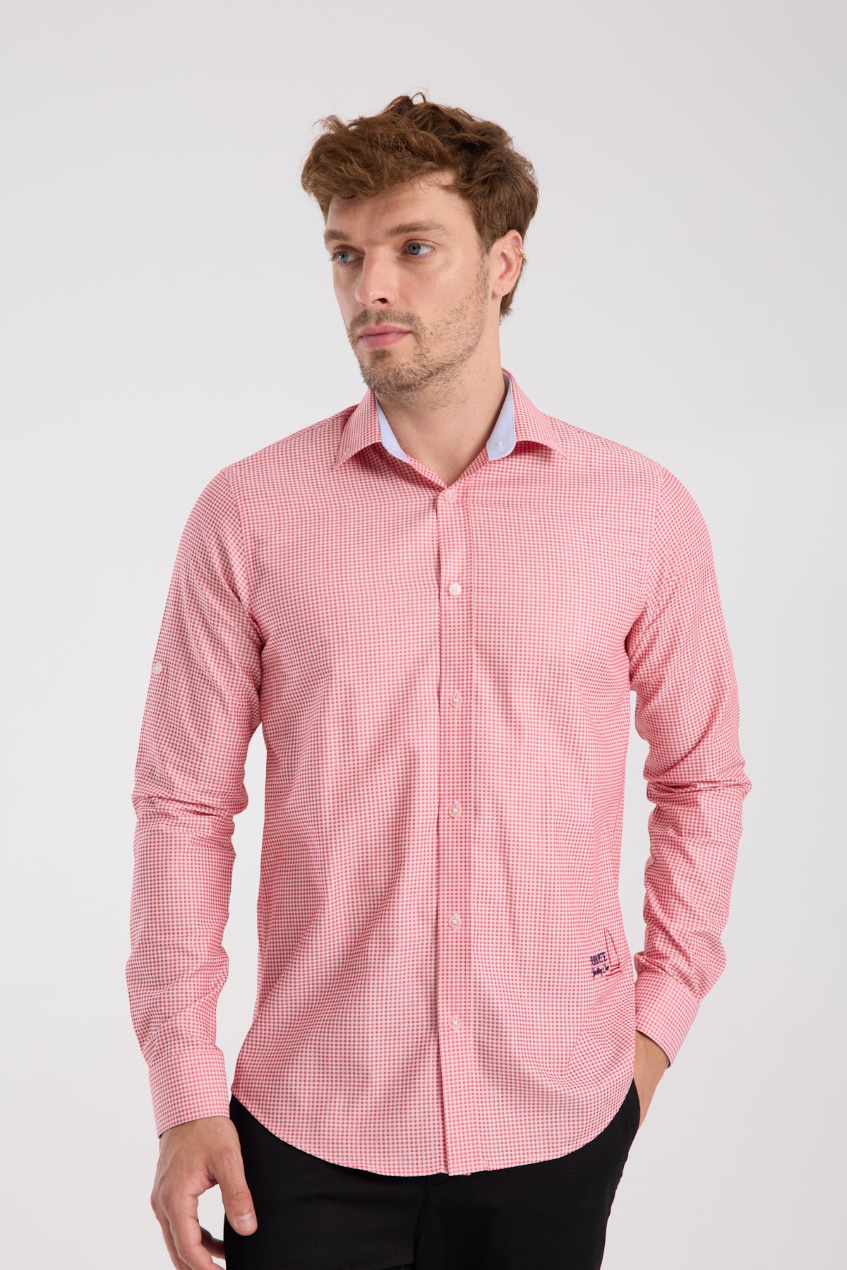 AClub AC10073 Poplin Pamuklu Slim Fit Kırmızı Düğmeli Yaka Erkek Kareli Gömlek