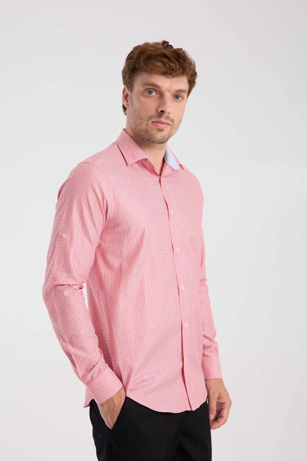 AClub AC10073 Poplin Pamuklu Slim Fit Kırmızı Düğmeli Yaka Erkek Kareli Gömlek