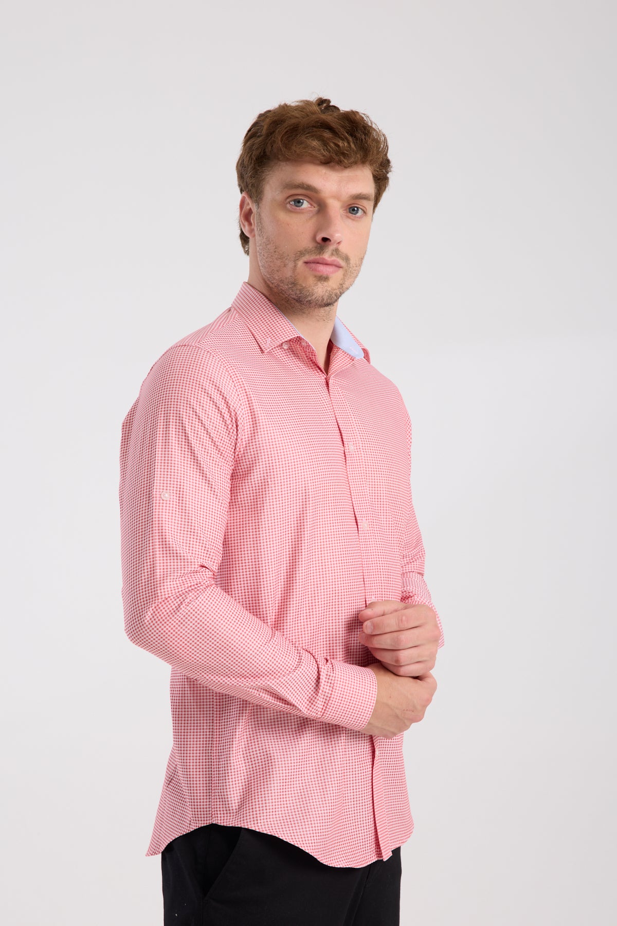 AClub AC10073 Poplin Pamuklu Slim Fit Kırmızı Düğmeli Yaka Erkek Kareli Gömlek