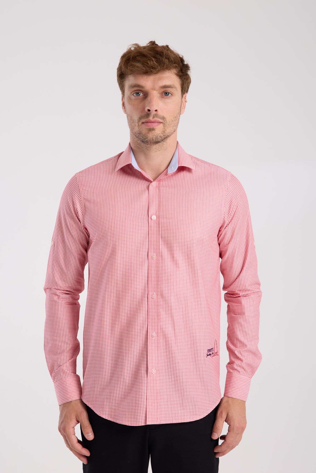 AClub AC10073 Poplin Pamuklu Slim Fit Kırmızı Düğmeli Yaka Erkek Kareli Gömlek