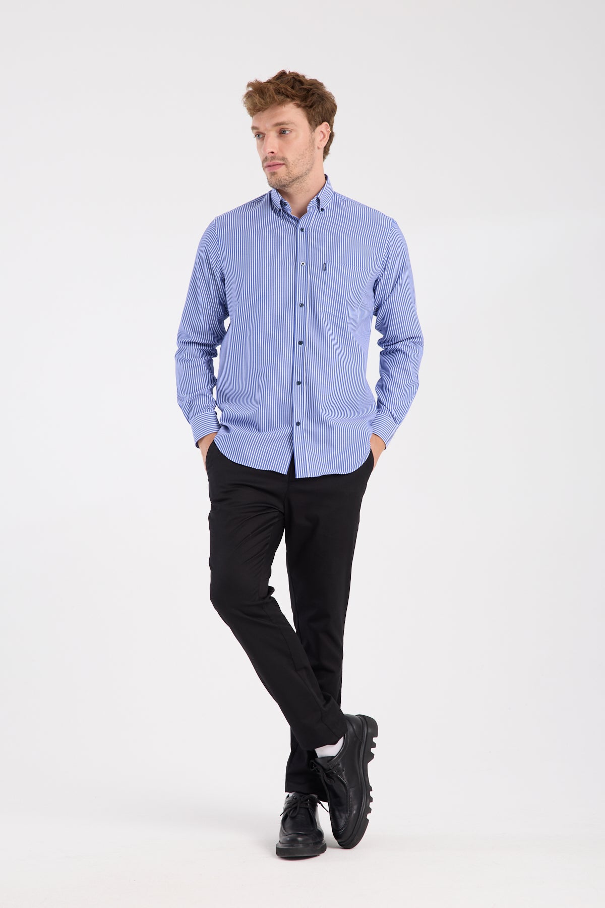 AClub AC10076 Twill Pamuk Karışımlı Regular Fit Lacivert Düğmeli Yaka Erkek Çizgili Gömlek