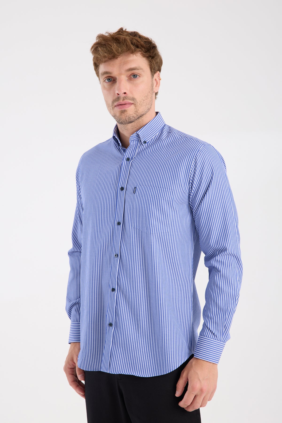 AClub AC10076 Twill Pamuk Karışımlı Regular Fit Lacivert Düğmeli Yaka Erkek Çizgili Gömlek