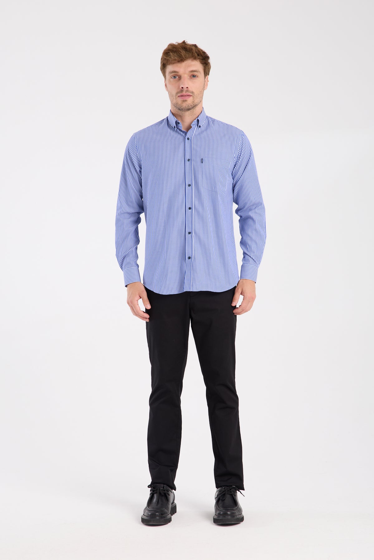 AClub AC10076 Twill Pamuk Karışımlı Regular Fit Lacivert Düğmeli Yaka Erkek Çizgili Gömlek