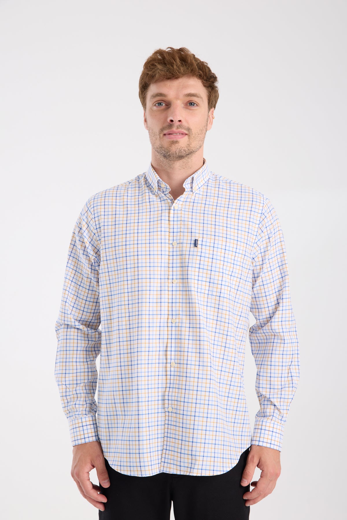 AClub AC10077 Oxford Pamuk Karışımlı Regular Fit Sarı Düğmeli Yaka Erkek Kareli Gömlek