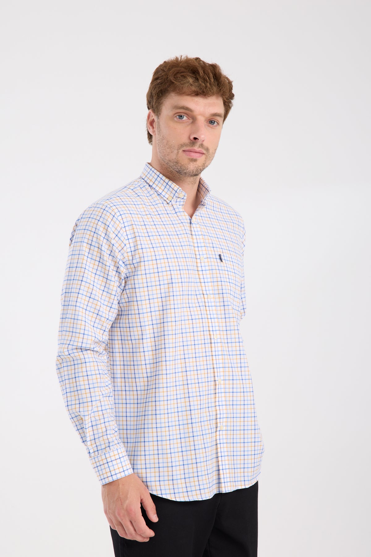 AClub AC10077 Oxford Pamuk Karışımlı Regular Fit Sarı Düğmeli Yaka Erkek Kareli Gömlek