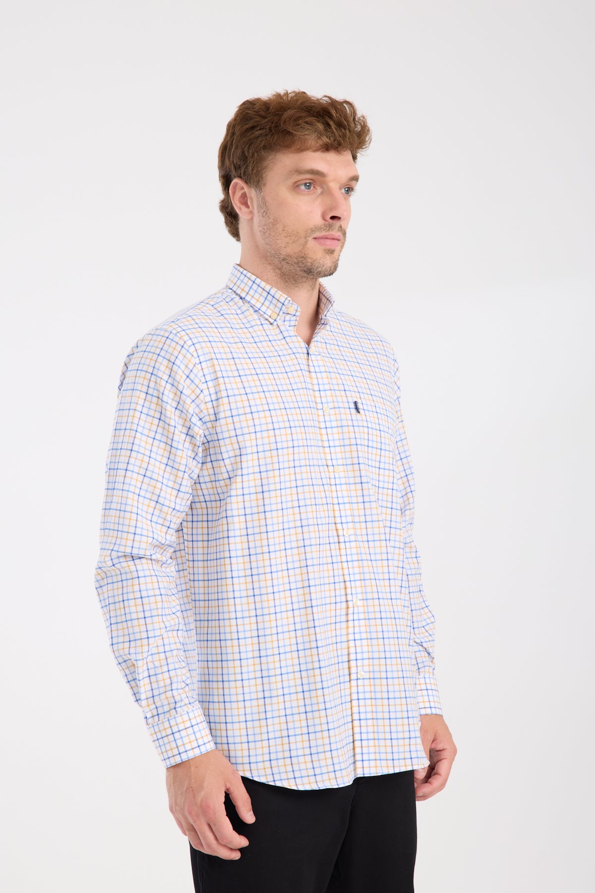 AClub AC10077 Oxford Pamuk Karışımlı Regular Fit Sarı Düğmeli Yaka Erkek Kareli Gömlek