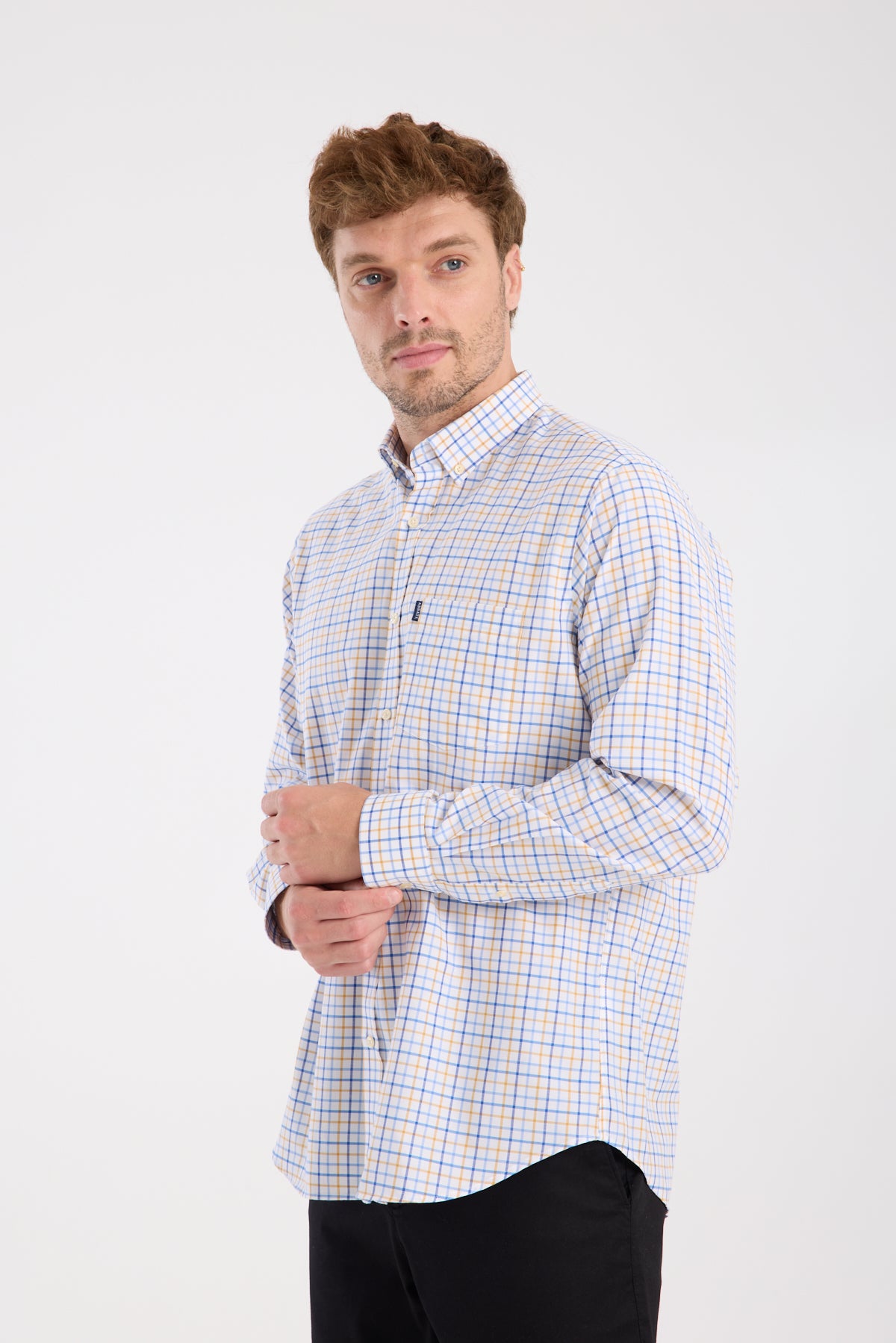 AClub AC10077 Oxford Pamuk Karışımlı Regular Fit Sarı Düğmeli Yaka Erkek Kareli Gömlek