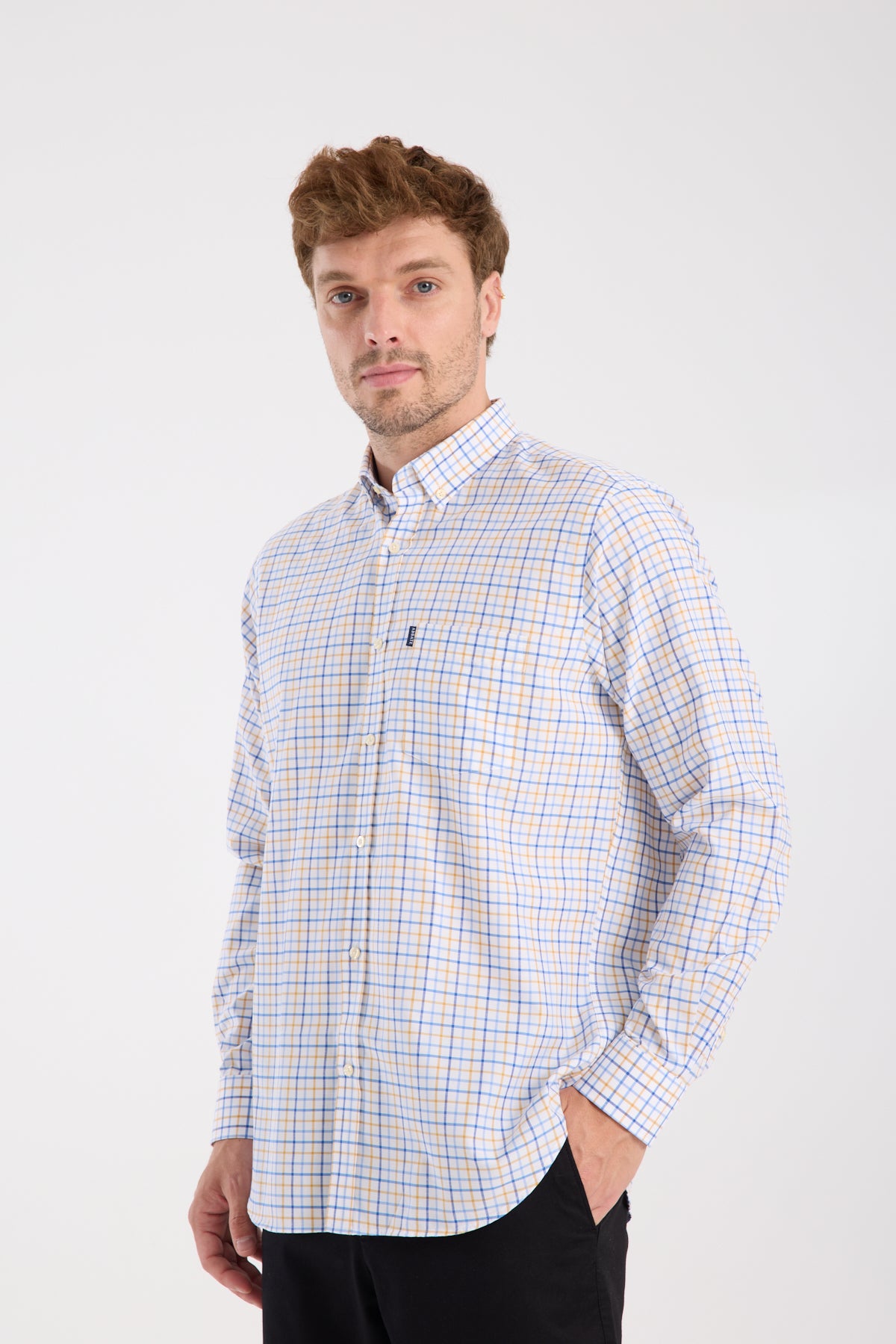 AClub AC10077 Oxford Pamuk Karışımlı Regular Fit Sarı Düğmeli Yaka Erkek Kareli Gömlek