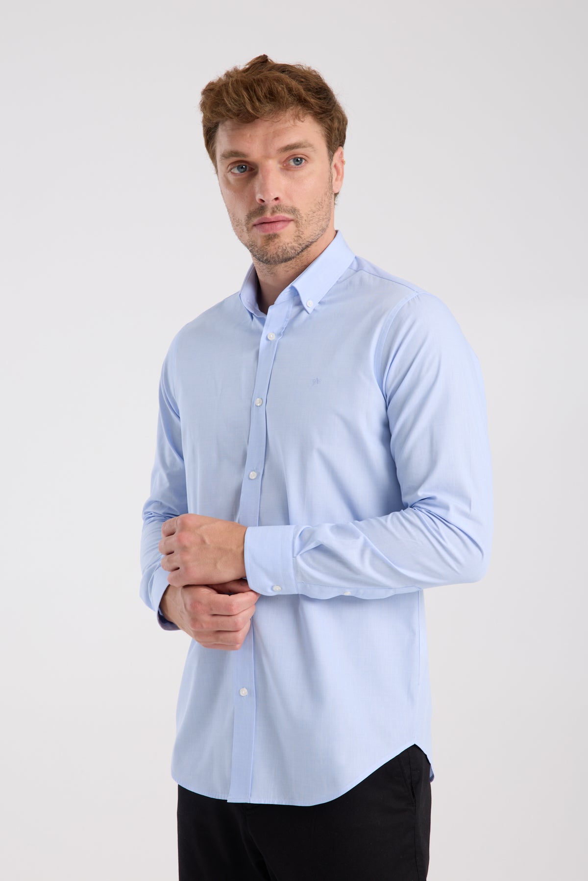 AClub AC10079 Poplin Pamuklu Slim Fit Açık Mavi Düğmeli Yaka Erkek Düz Gömlek