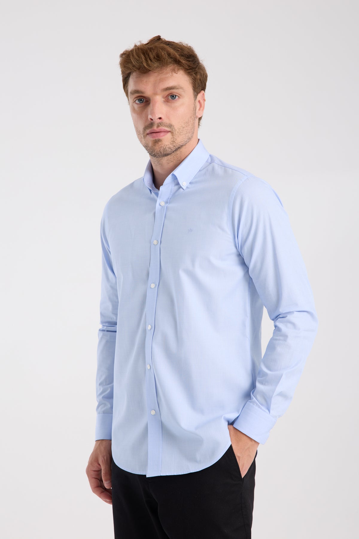 AClub AC10079 Poplin Pamuklu Slim Fit Açık Mavi Düğmeli Yaka Erkek Düz Gömlek