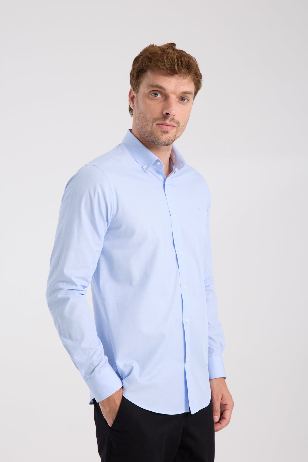 AClub AC10079 Poplin Pamuklu Slim Fit Açık Mavi Düğmeli Yaka Erkek Düz Gömlek