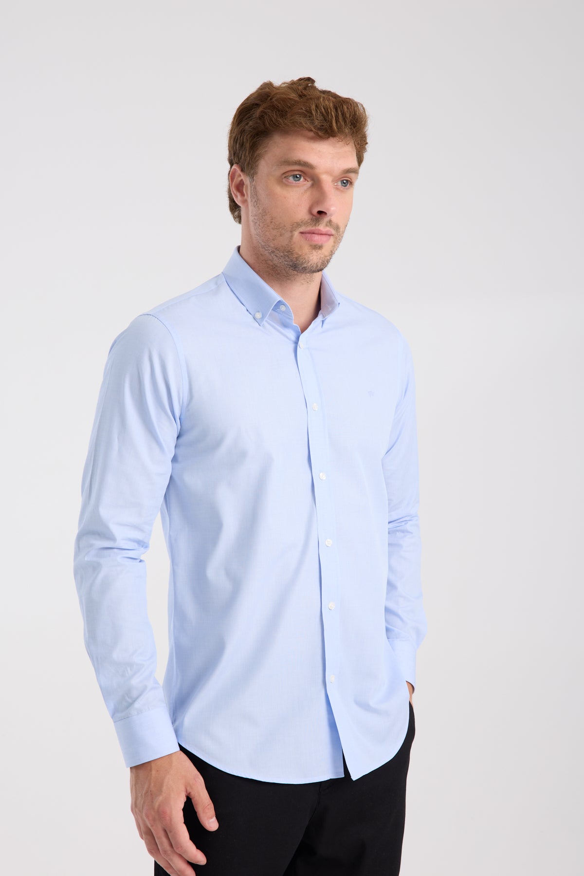 AClub AC10079 Poplin Pamuklu Slim Fit Açık Mavi Düğmeli Yaka Erkek Düz Gömlek