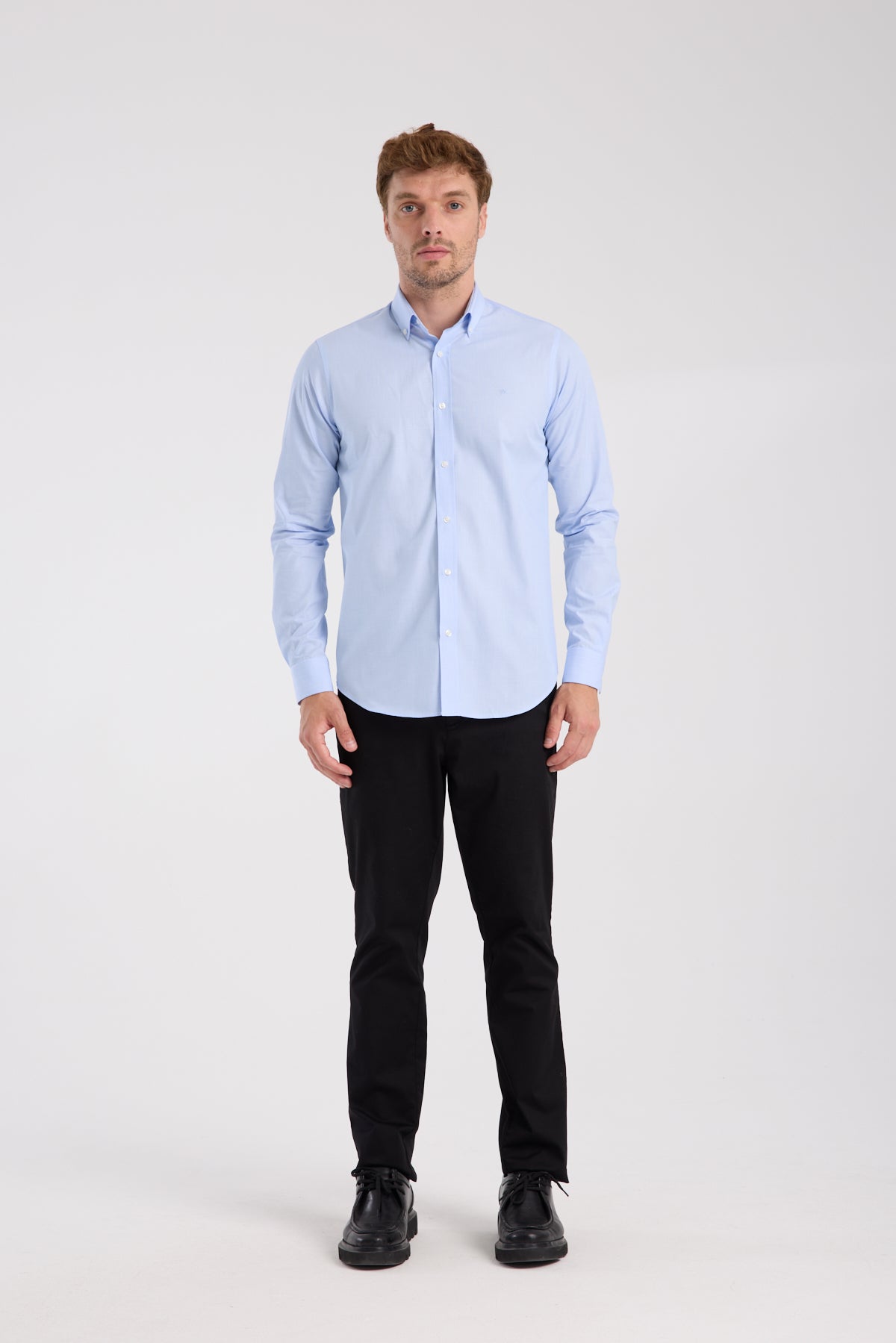 AClub AC10079 Poplin Pamuklu Slim Fit Açık Mavi Düğmeli Yaka Erkek Düz Gömlek