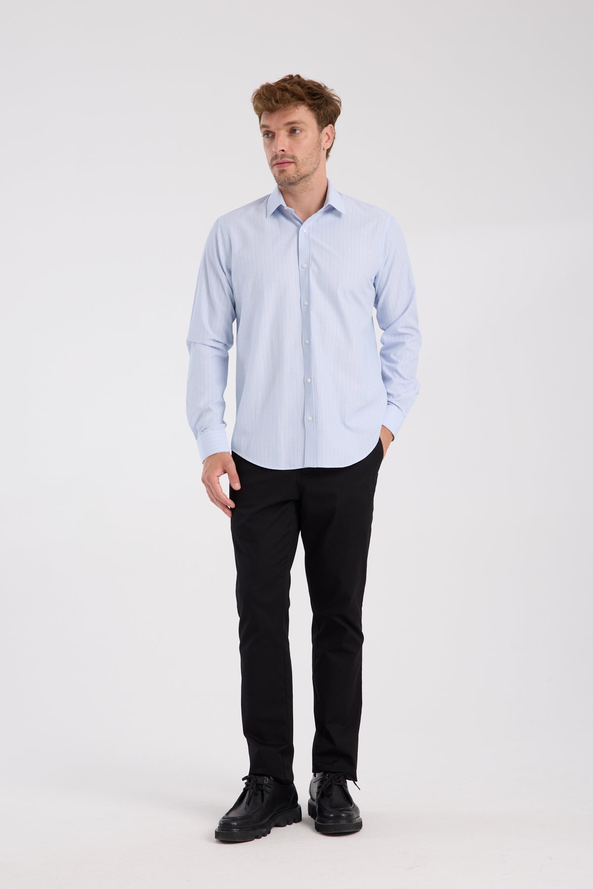 AClub AC10080 Oxford Pamuk Karışımlı Slim Fit Açık Mavi Klasik Yaka Erkek Çizgili Gömlek