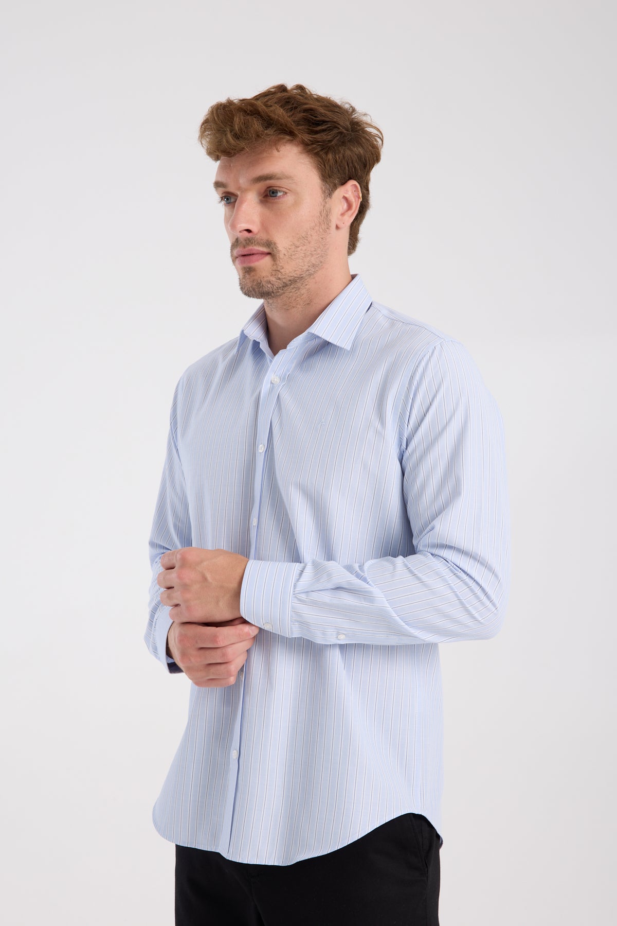 AClub AC10080 Oxford Pamuk Karışımlı Slim Fit Açık Mavi Klasik Yaka Erkek Çizgili Gömlek