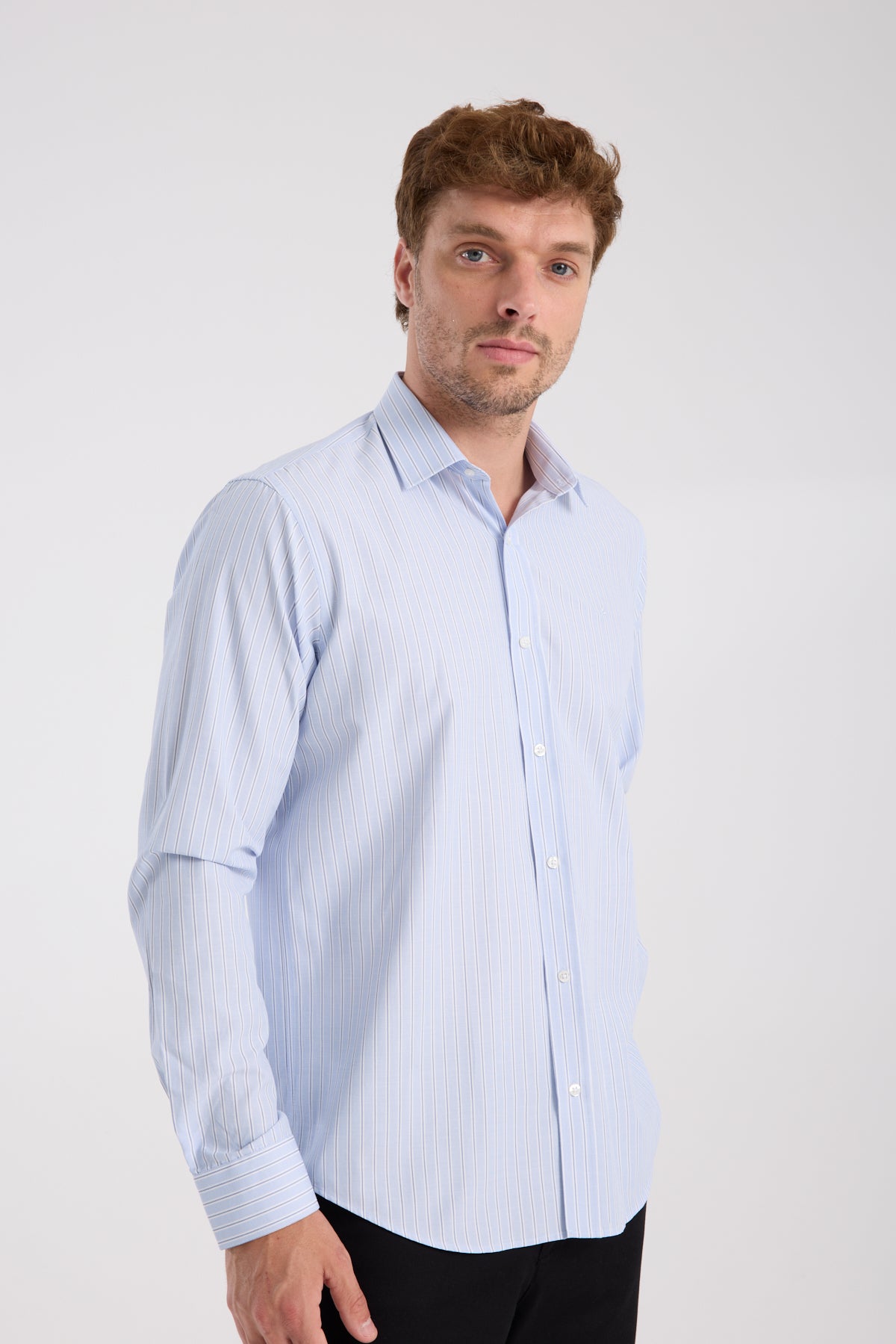 AClub AC10080 Oxford Pamuk Karışımlı Slim Fit Açık Mavi Klasik Yaka Erkek Çizgili Gömlek