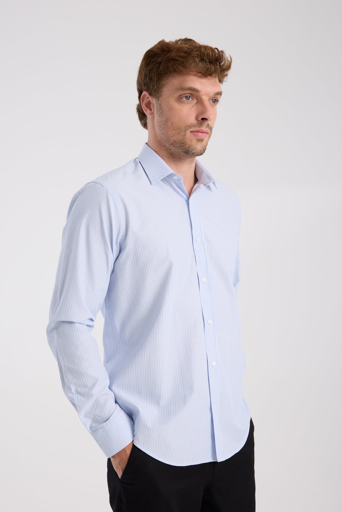 AClub AC10080 Oxford Pamuk Karışımlı Slim Fit Açık Mavi Klasik Yaka Erkek Çizgili Gömlek