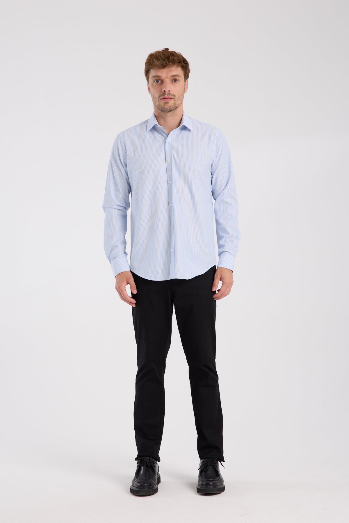 AClub AC10080 Oxford Pamuk Karışımlı Slim Fit Açık Mavi Klasik Yaka Erkek Çizgili Gömlek