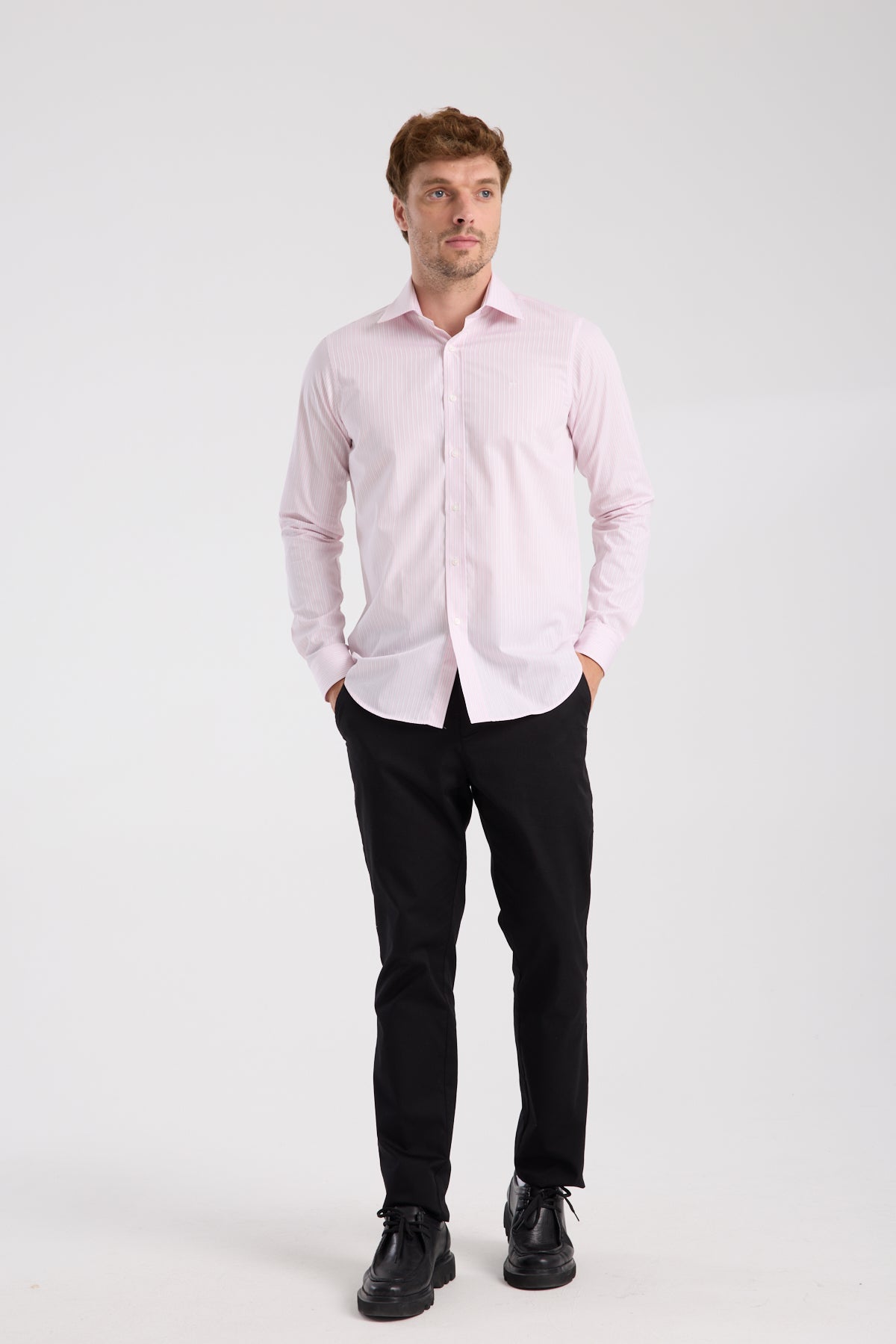 AClub AC10081 Twill Pamuklu Slim Fit Pembe Klasik Yaka Erkek Çizgili Gömlek